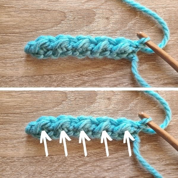 Image showing the first row of Even Moss Stitch worked with white arrows pointing to the 3rd loops.