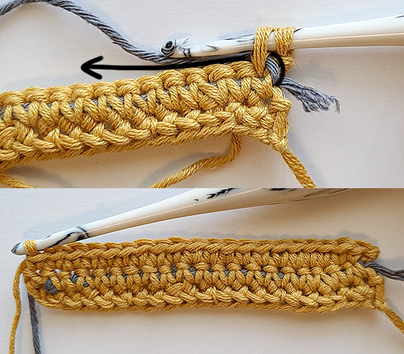 This image shows the second row of the non-stretchy crochet strap fully worked. The top half of the image has an arrow showing how to carry the fishing line.