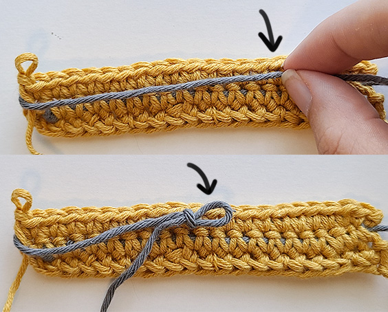 This image shows how long your stand of fishing line should be before creating a slip knot (which is approximately 3/4ths of the way across the row).