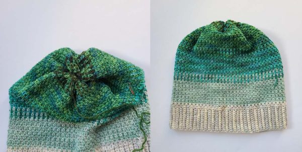 This image shows the beanie completely closed, once from the top (where all the points are gathered) and one laying flat.