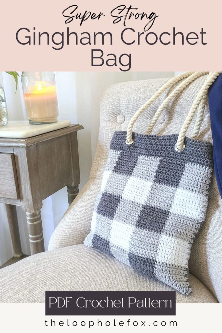 This image is a pinterest pin you can save for the crochet gingham tote bag pattern.