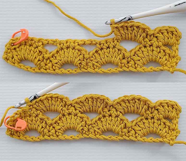 This image has two images combined, showing the next steps for Row 4 as written out in the Crochet Arcade Stitch Tutorial.