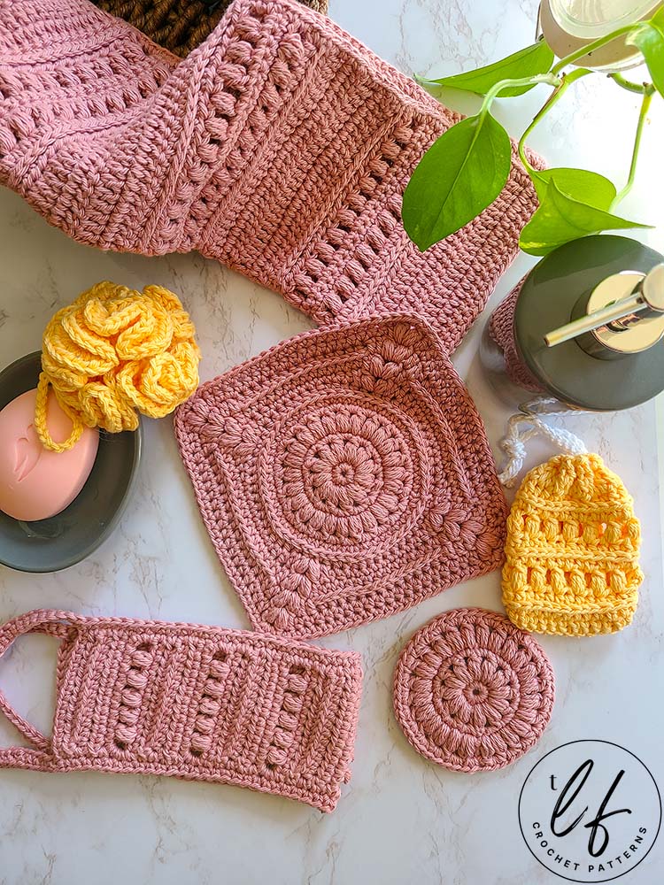 This image shows all of the 6 patterns for the Radiant Bath Set, 5 of which use the closed crochet puff stitch.