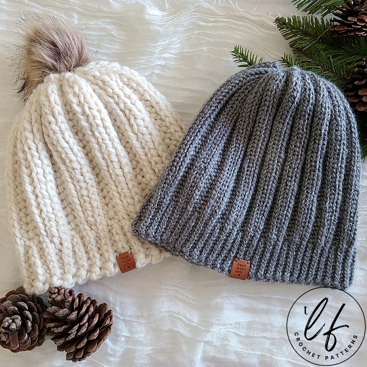 This image shows both versions of the ribbed crochet beanie pattern in medium weight and super bulky weight yarn.