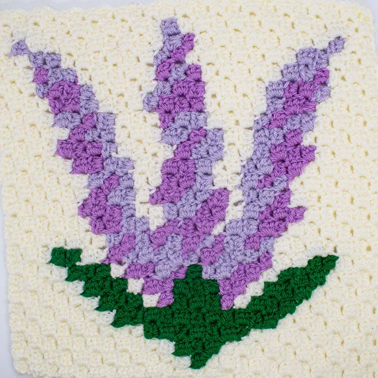 This image is of the lavender c2c blanket square that Helen of Sunflower Cottage Crochet crocheted based off this design.