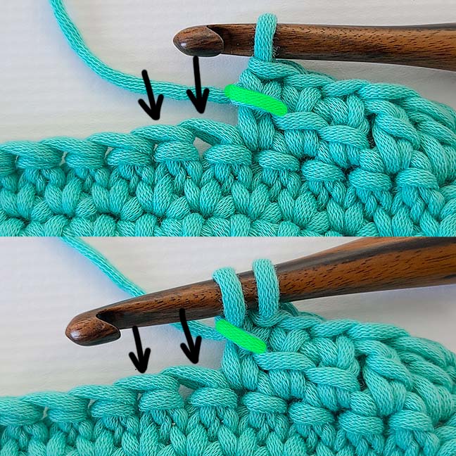This image shows step one of how to decrease the linked double crochet.