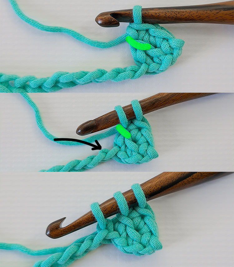 This image shows the steps as outlined for working a Linked Double Crochet.