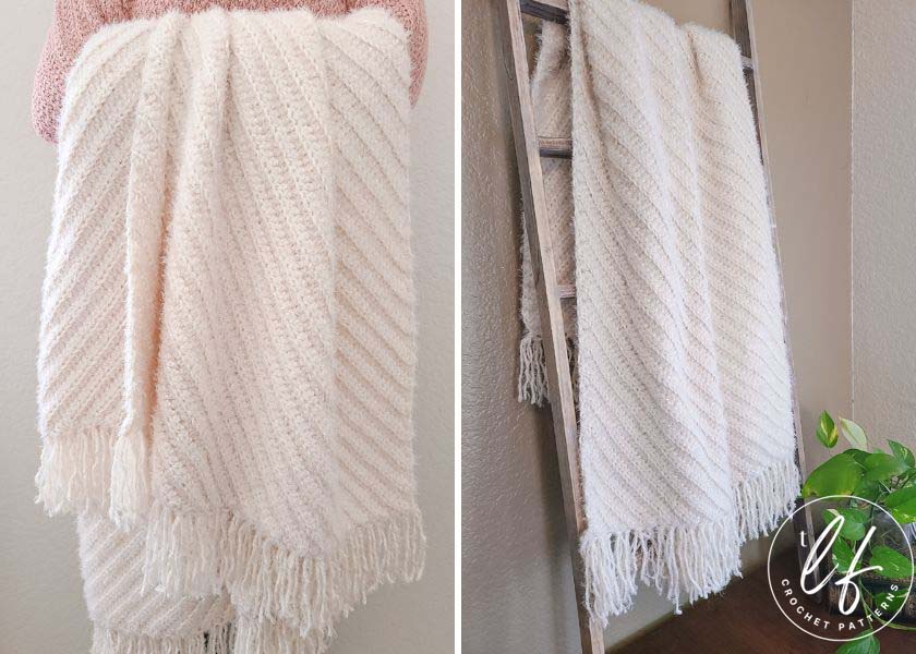 This image shows the half double crochet blanket pattern sample completed. The image includes two photos. The photo on the left shows a woman holding the blanket draped over her arms and the image on the right shows the blanket draped over a blanket ladder.