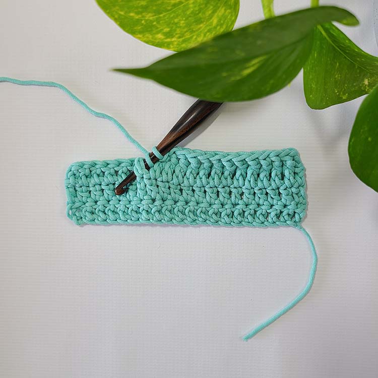 This image shows a small swatch of double crochets, with the final row being worked using the Front Post Double Crochet Stitch.