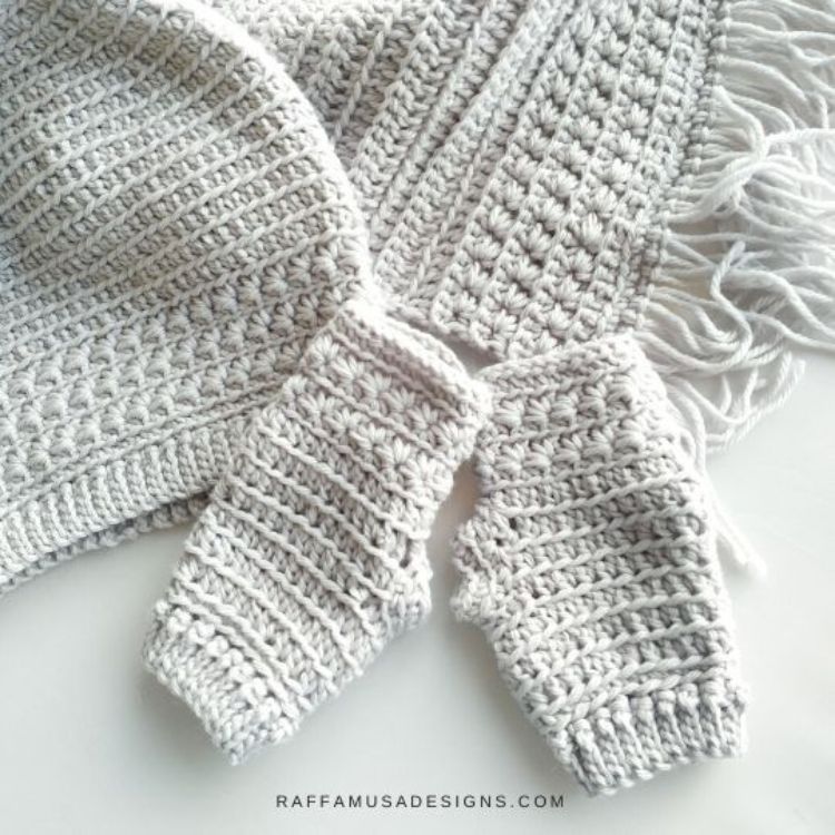This image shows the next quick crochet gifts, which is the Star Stitch Fingerless Gloves as described above. The image shows the gloves laying flat on a white background, with the matching hat and scarf.