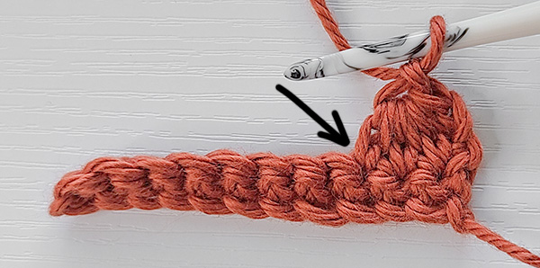 This image shows one Extended Half Double Crochet 3 Together ( ehdc3tog ) created. A black arrow points downward to the last stitch the ehdc3tog was worked into. This is showing where you will start working when the pattern references "starting in the previous stitch".