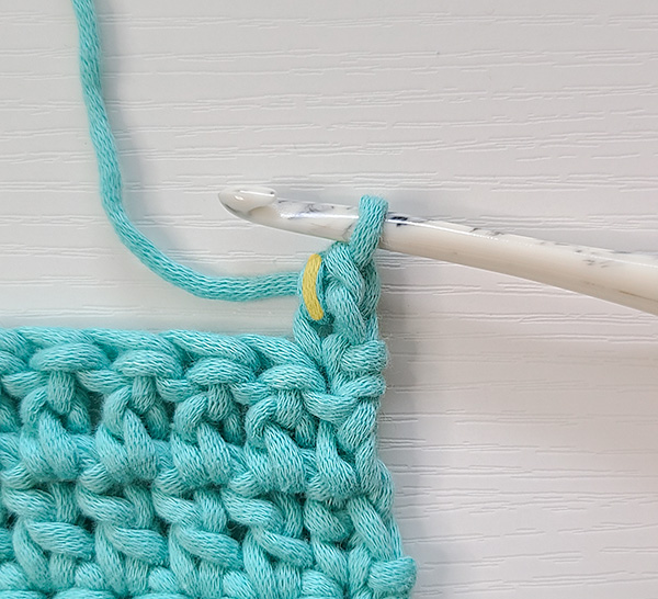 This image shows the next step in working into a Standing Single Crochet 
 to a treble crochet height as indicated in the written instructions.