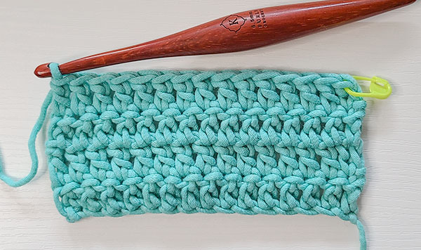 This image shows a finished row with the first stitch being a Standing Single Crochet.