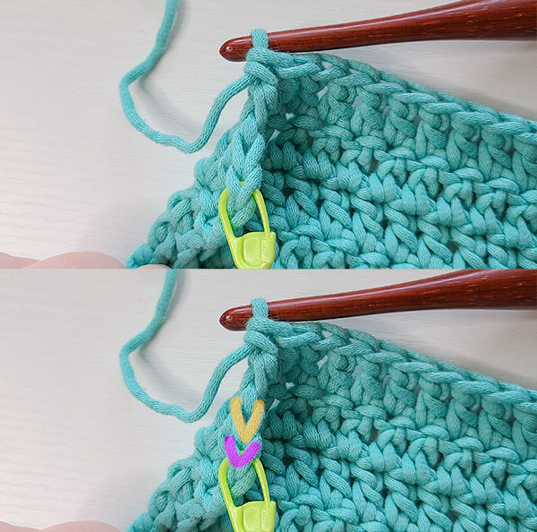 This image shows the next step in working into a Standing Single Crochet as indicated in the written instructions.