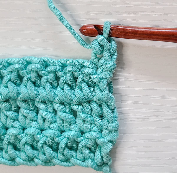 This image shows the next step in creating a Standing Single Crochet as indicated in the written instructions.