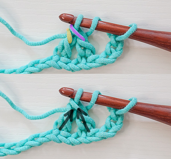This image shows the next step in working a Crossed Treble Crochet or K Stitch, as detailed in the text.
