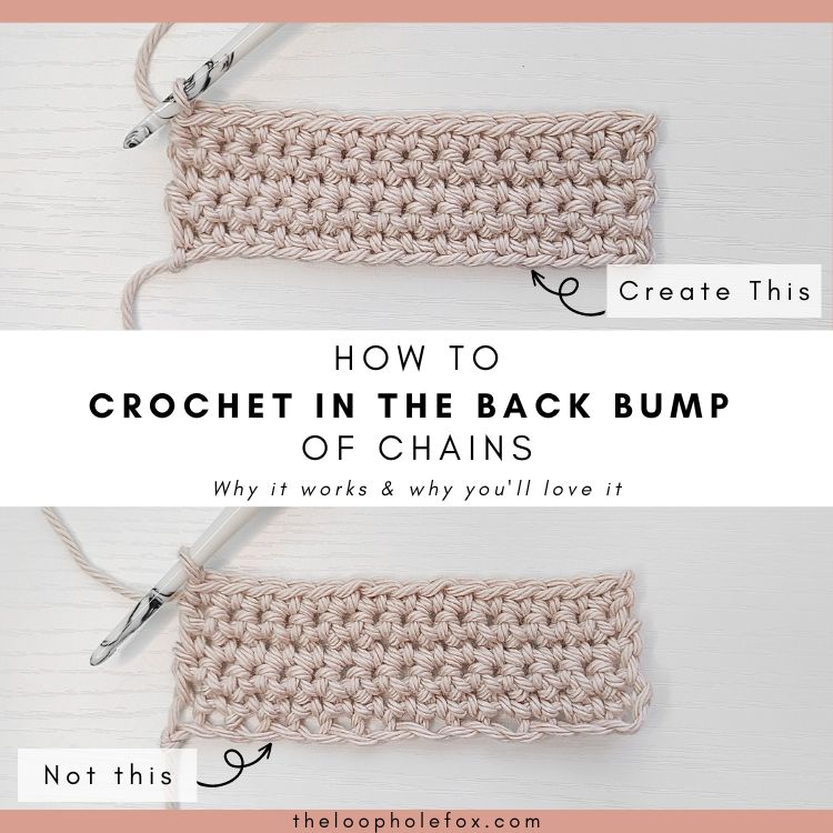 This image is a header image for this crochet tutorial on how to Crochet in the Back Bump of chains. It shows two different swatches, one with the technique and without, to show the difference. The text reads "How to Crochet in the Back Bump of Chains. Why it works and why you'll love it".