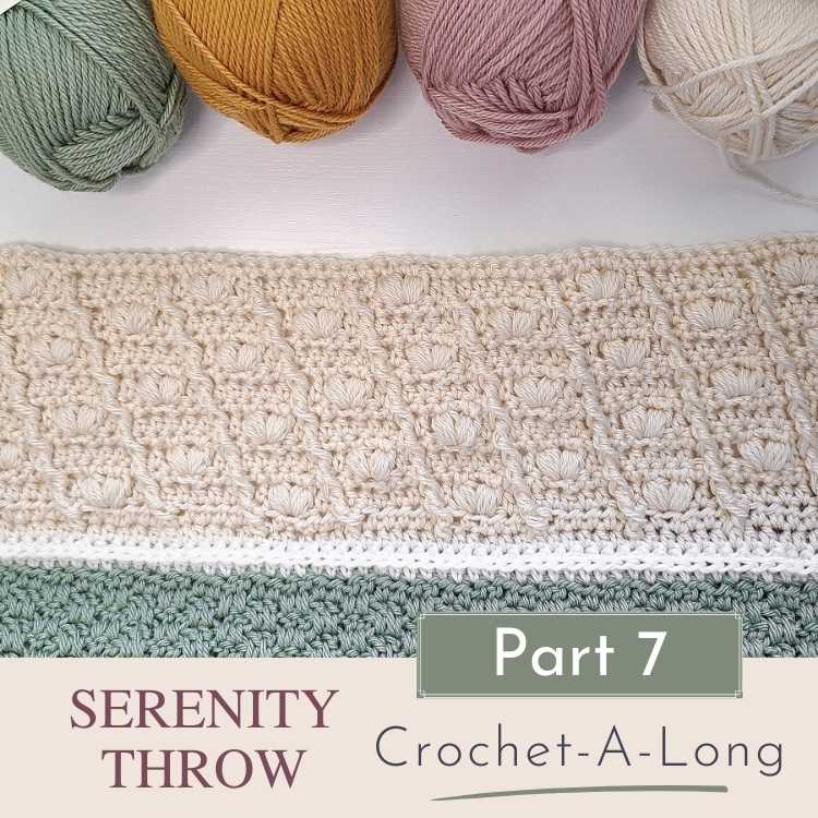This image shows the crochet stitch pattern for blankets sample crocheted on the previous part of the Serenity Throw Blanket CAL. It is crocheted in cream. The image is taken in the top down as a flat lay and at the top, skeins of yarn are shown in the 4 colors used in the CAL.