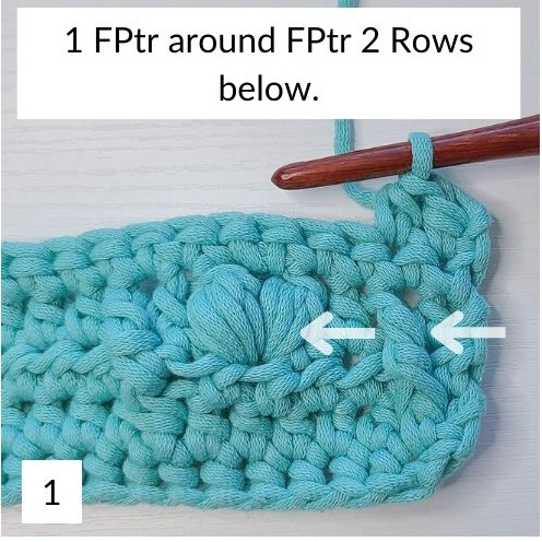 This image is Picture 1 of Row 5, as stated in the crochet stitch pattern for blankets instructions.