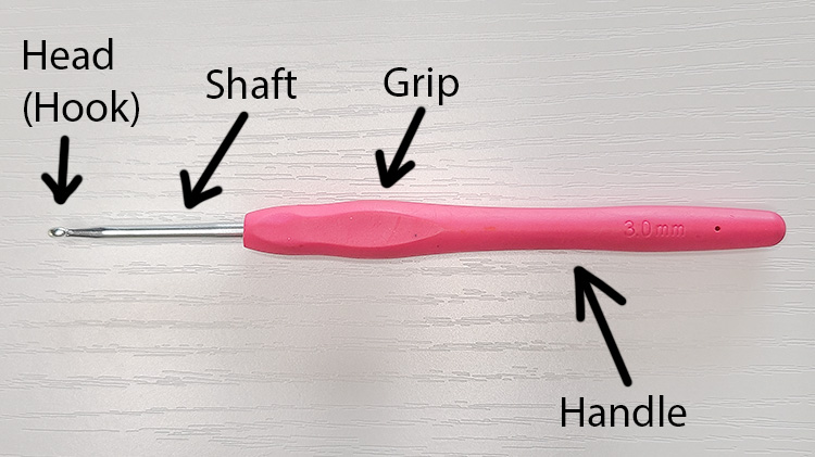 This image shows the anatomy of a crochet hook, which directly corresponds to crochet hook sizes.
