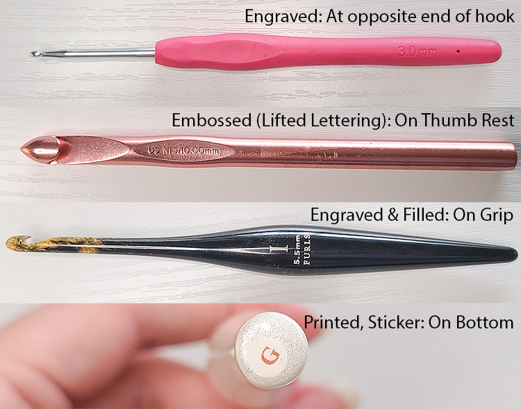 This image shows different crochet hooks and where you might find the crochet hook sizes when printed, engraved, embossed or shown with a sticker.