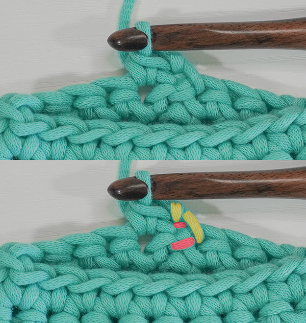 This image is a visual of what is explained in the text of this blog post which answers the question: does the slip stitch count as a stitch in the round? and showing how to make sure you do not use the slip stitch as a stitch.